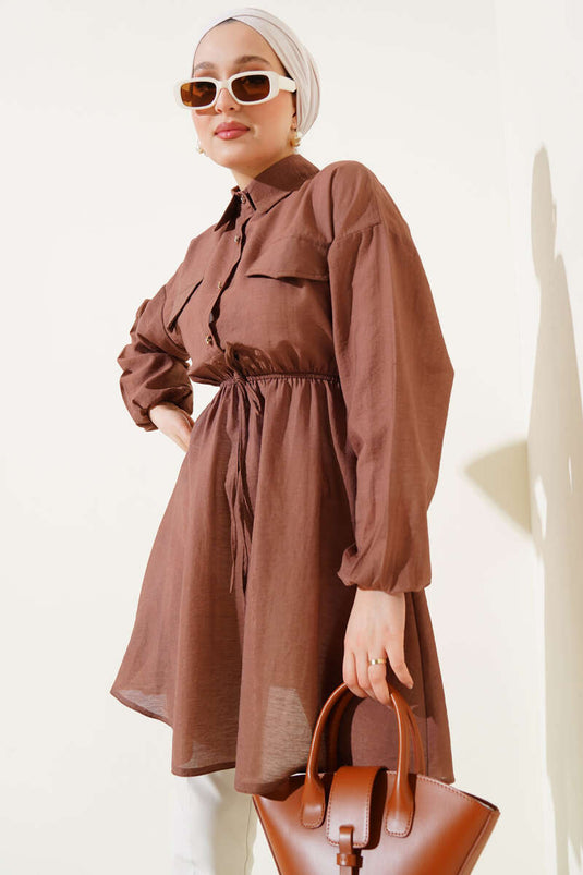 Belted Half Stone Button Tunic Brown