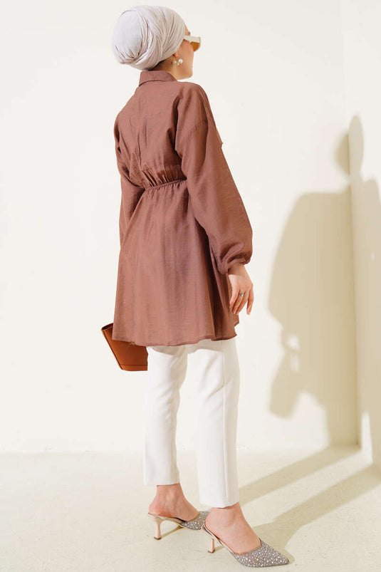 Belted Half Stone Button Tunic Brown