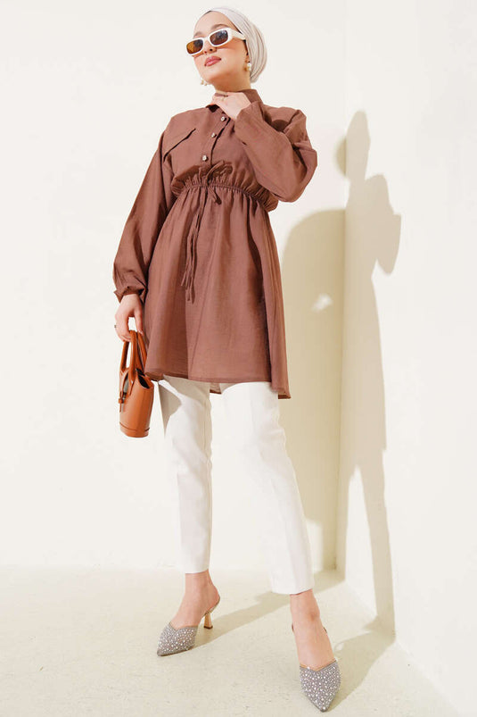 Belted Half Stone Button Tunic Brown