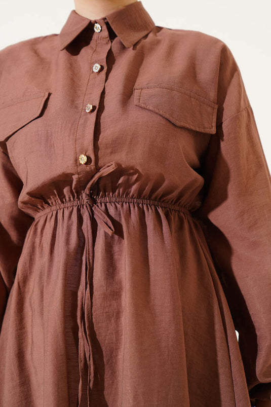 Belted Half Stone Button Tunic Brown