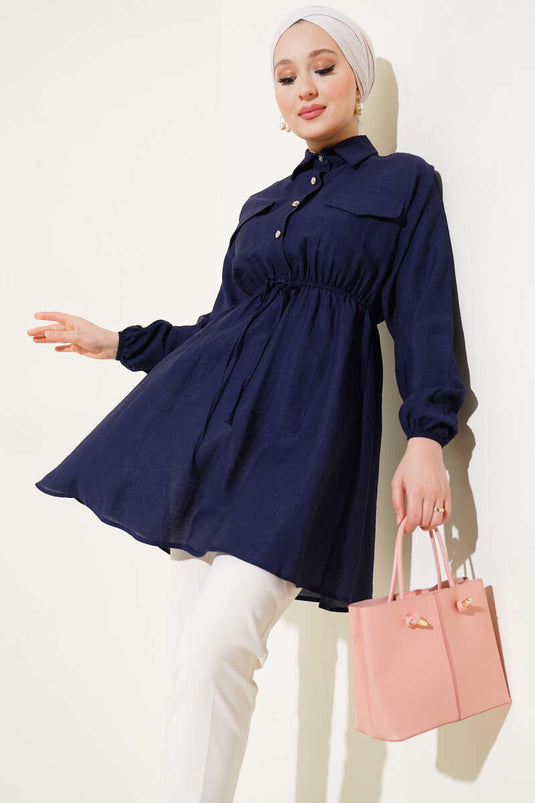 Navy Blue Half Stone Button Tunic with Elastic Cuffs