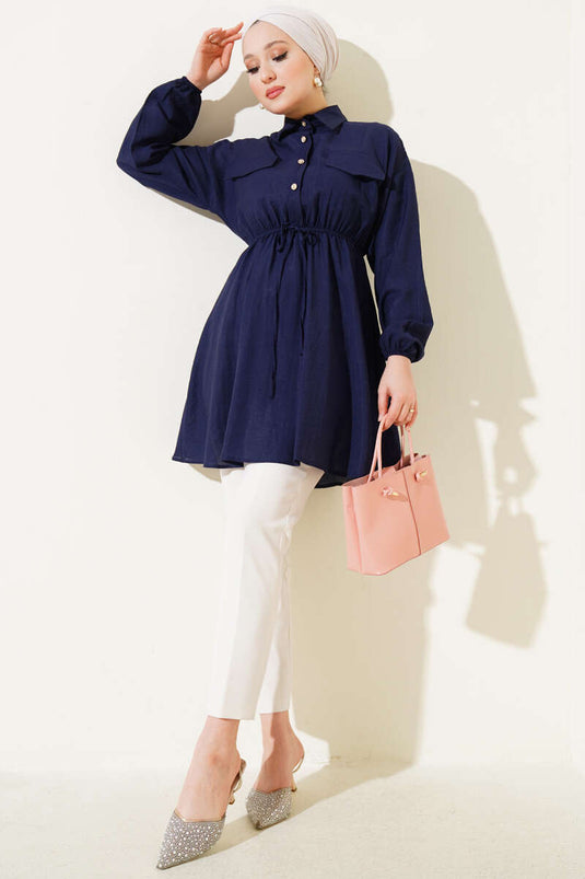 Navy Blue Half Stone Button Tunic with Elastic Cuffs