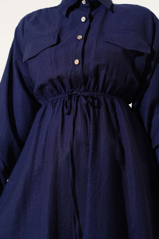 Navy Blue Half Stone Button Tunic with Elastic Cuffs