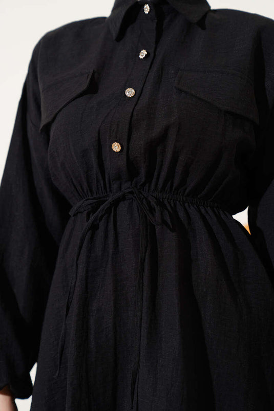 Belted Half Stone Button Tunic Black