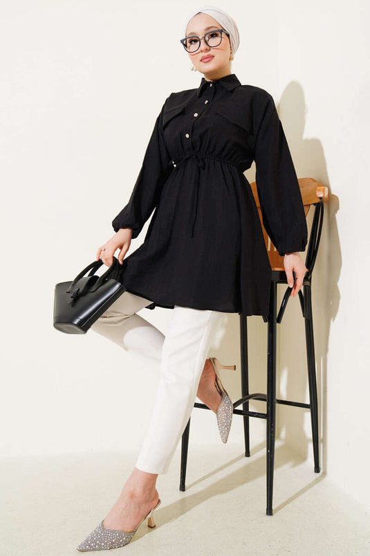 Belted Half Stone Button Tunic Black