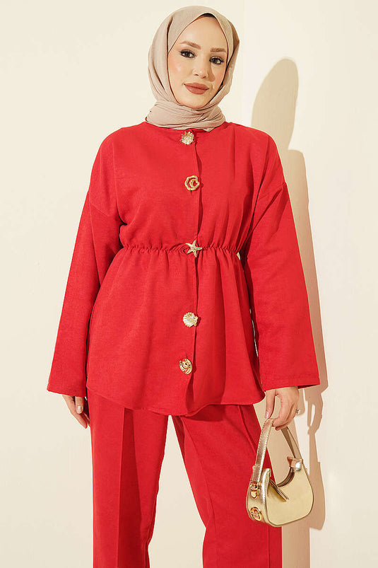 Conjunto De Dos Piezas Rojo Con Estrella Y Botones Con Cinturón