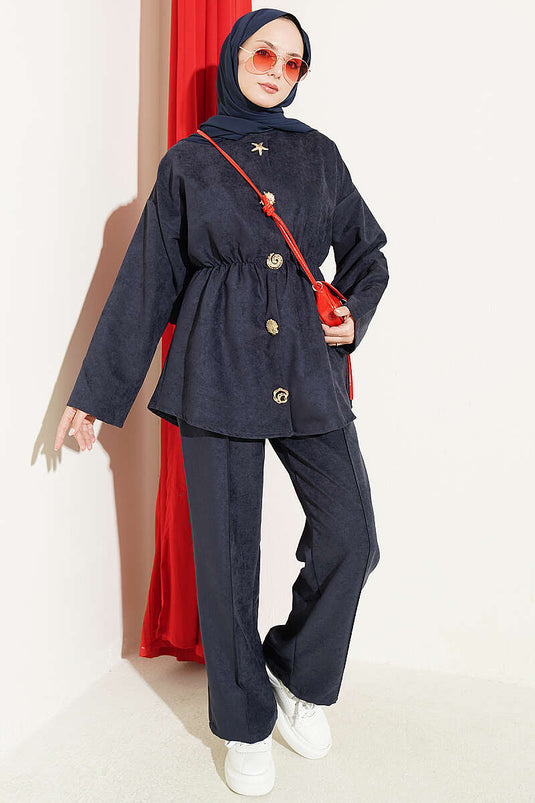 Gold Star Buttoned Two-Piece Set With Elastic Waist In Navy