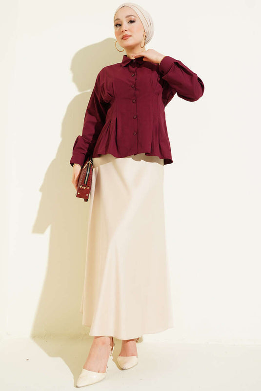 Bel Pens Detaylı Kısa Gömlek Bordo