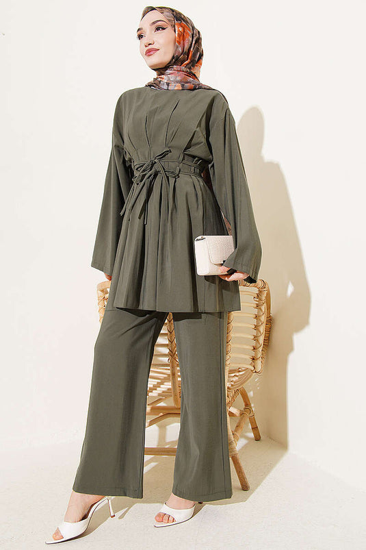 Bel Pensli Çift İp Kuşaklı Modal Takım Haki