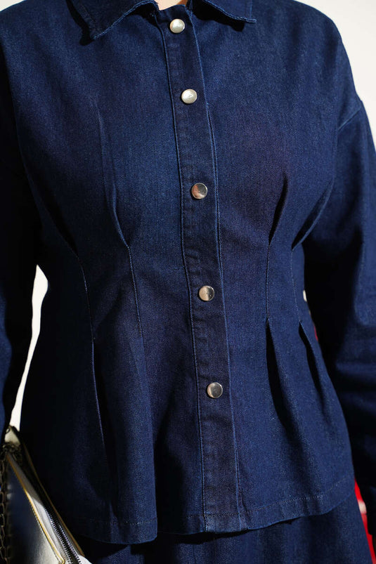 Navy Blue Denim Set with Pencil Skirt and Snap Buttons