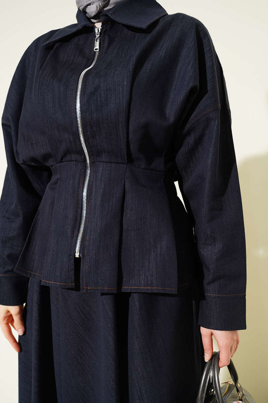 Navy Blue Denim Two-Piece Set with Pencil Skirt and Zipper