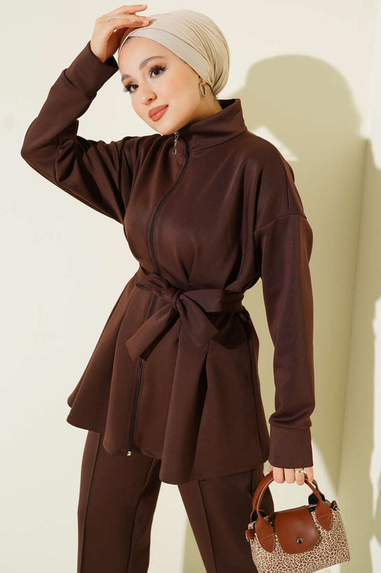 Bel Pensli Kuşaklı Scuba İkili Takım Kahve