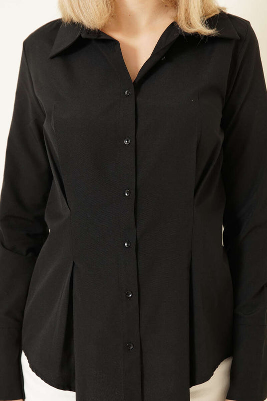 Black Short Shirt with Waist Pleats