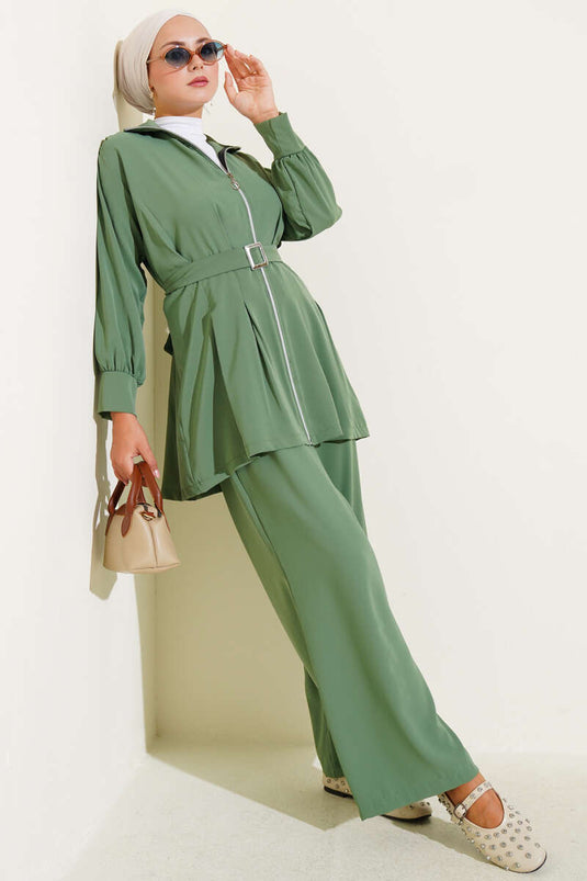 Waist Pleated Belted Zippered Two Piece Suit Almond Green