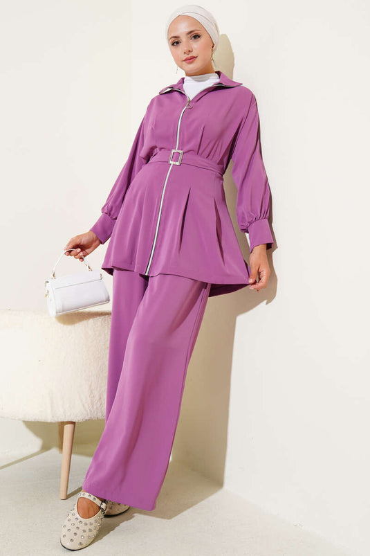 Bel Pileli Kuşaklı Fermuarlı İkili Takım Lila