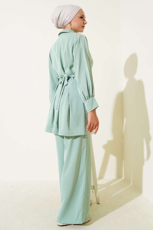 Pleated Waist Belted Zippered Two Piece Suit Mint