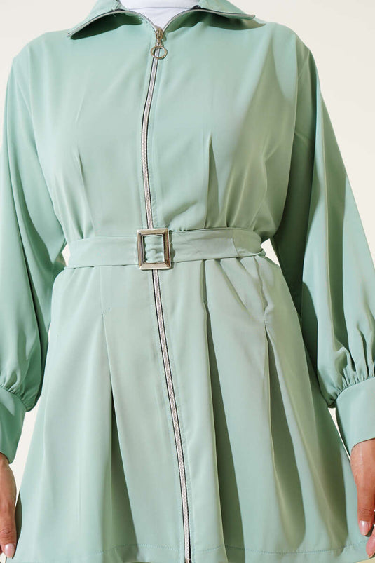 Pleated Waist Belted Zippered Two Piece Suit Mint