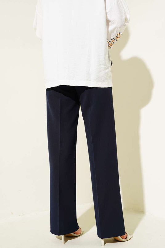 Navy Blue Palazzo Pants with a Beautiful Stripe and Buttons