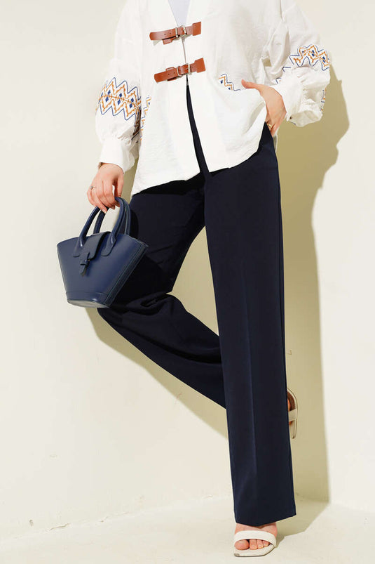 Navy Blue Palazzo Pants with a Beautiful Stripe and Buttons