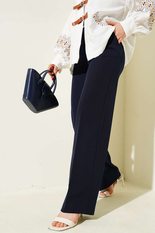 Navy Blue Palazzo Pants with a Beautiful Stripe and Buttons