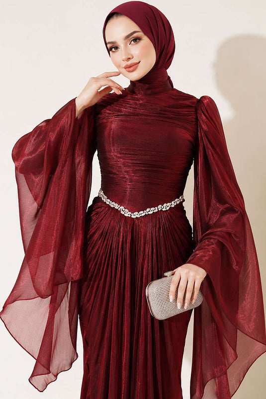 Bordeaux Abendkleid Mit Steinverzierung Und Drapierung
