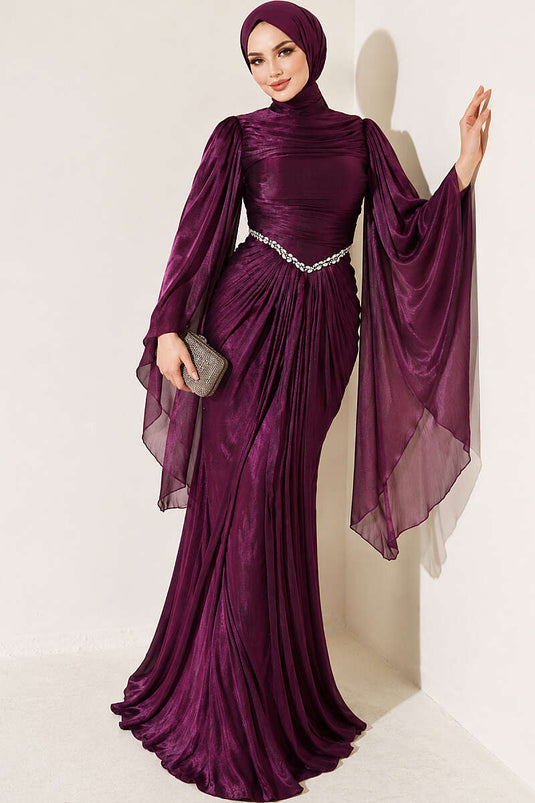 Robe De Soirée Violette Avec Détails Drapés Ornés