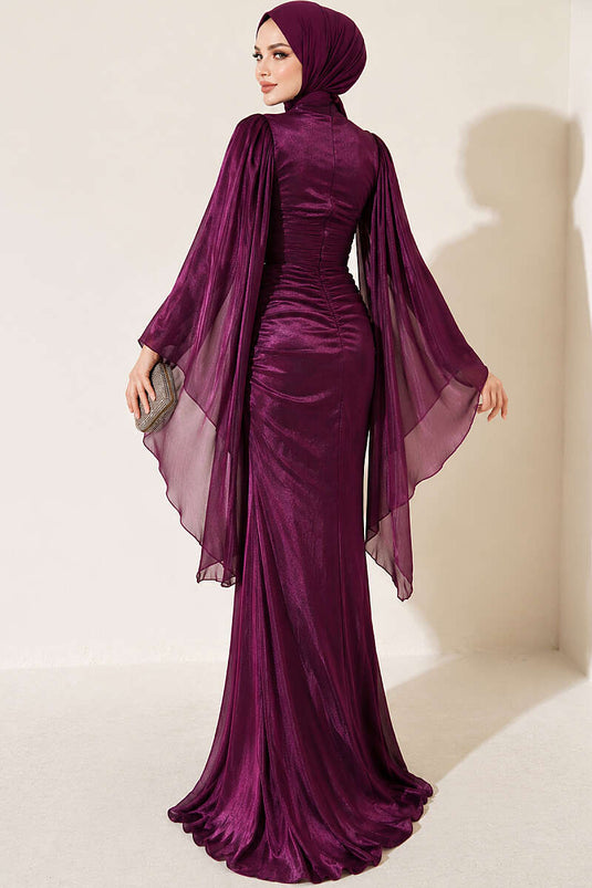 Robe De Soirée Violette Avec Détails Drapés Ornés
