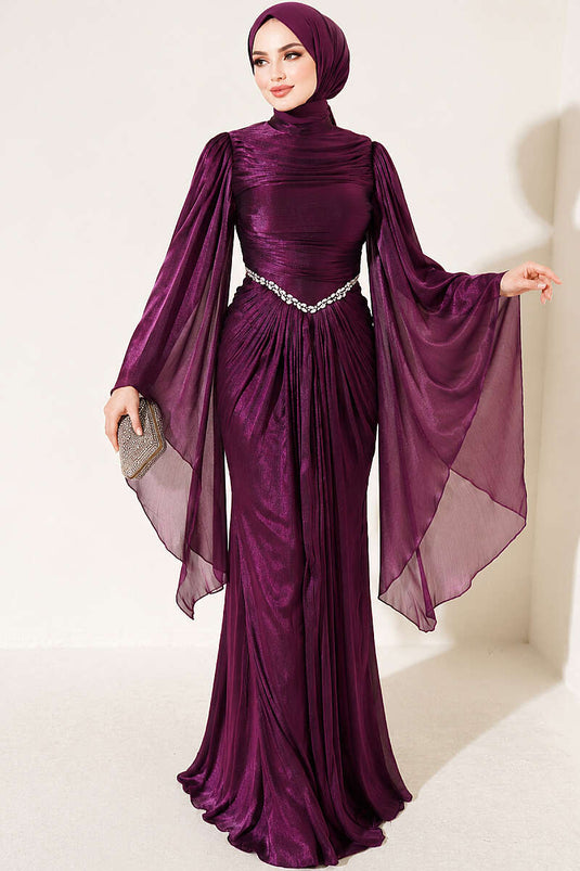 Robe De Soirée Violette Avec Détails Drapés Ornés