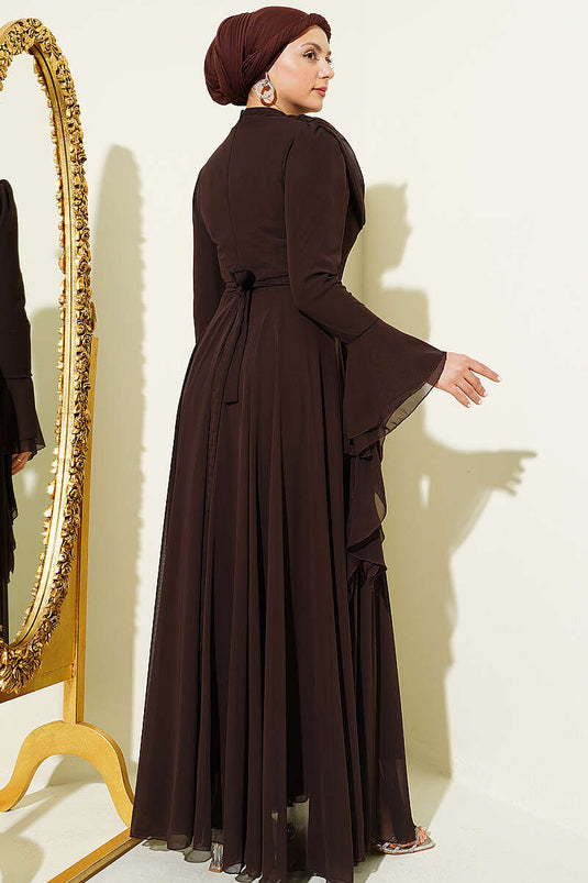 Bel Taşlı Degaje Yaka Şifon Abiye Acı Kahve