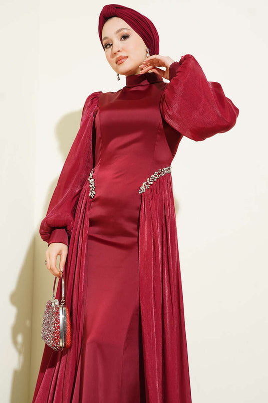 فستان سهرة بقلنسوة مزين بحجر بوردو