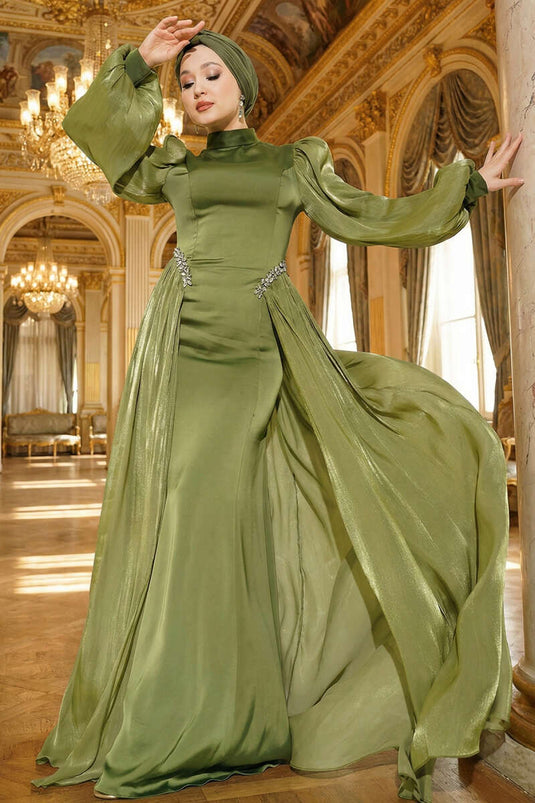 Evening Dress with White Stone Cape Khaki