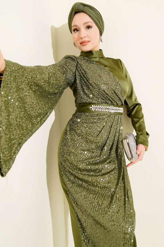 Bel Taşlı Pul Payet Detaylı Abiye Elbise Haki