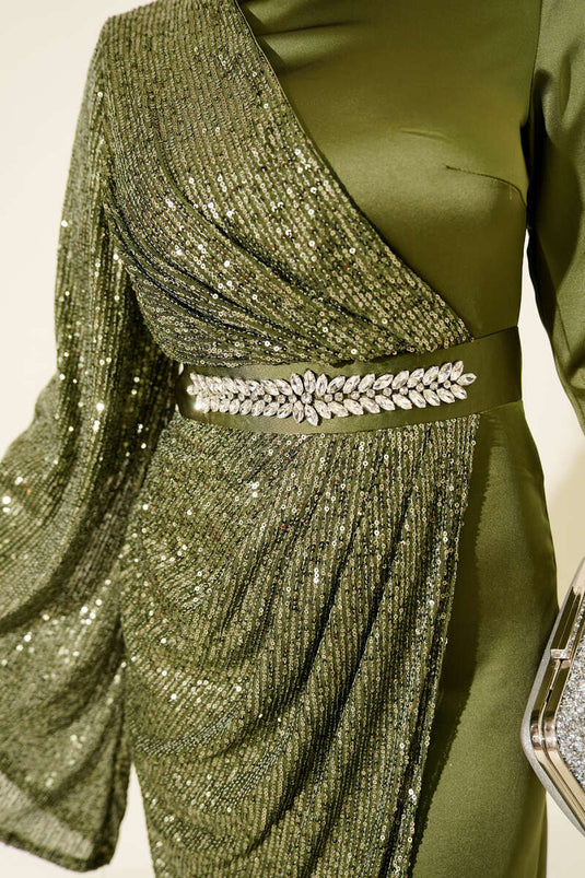 Bel Taşlı Pul Payet Detaylı Abiye Elbise Haki