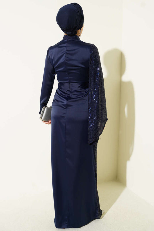 Bel Taşlı Pul Payet Detaylı Abiye Elbise Lacivert