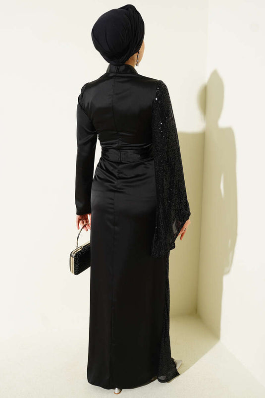 Bel Taşlı Pul Payet Detaylı Abiye Elbise Siyah