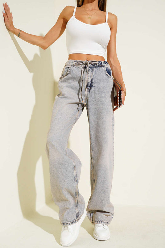 Drawstring Waistband Denim Jeans, Coffee Tint