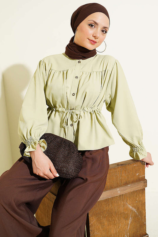 Chemisier court à taille élastiquée avec bordure en tulle, couleur vert avocat