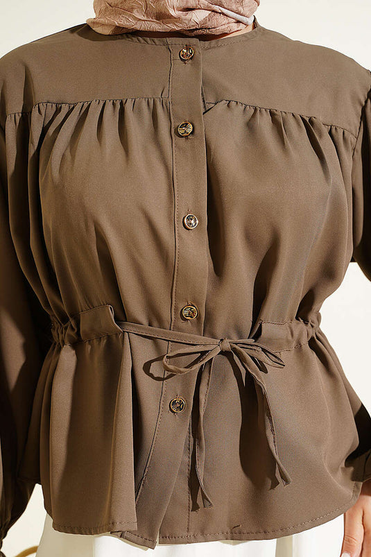 Chemisier court à taille élastiquée avec manches à ourlet, couleur vison foncé