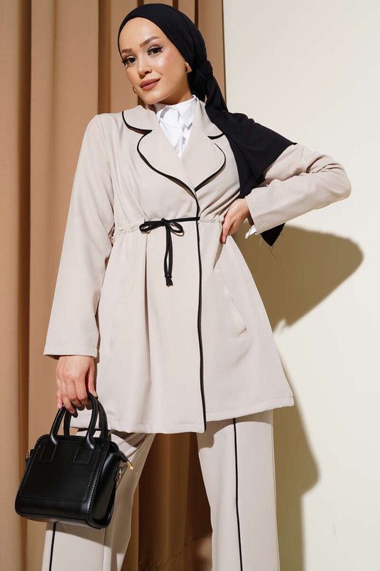 Beige Double Set with Beautiful Tunnel and Detailed Edging