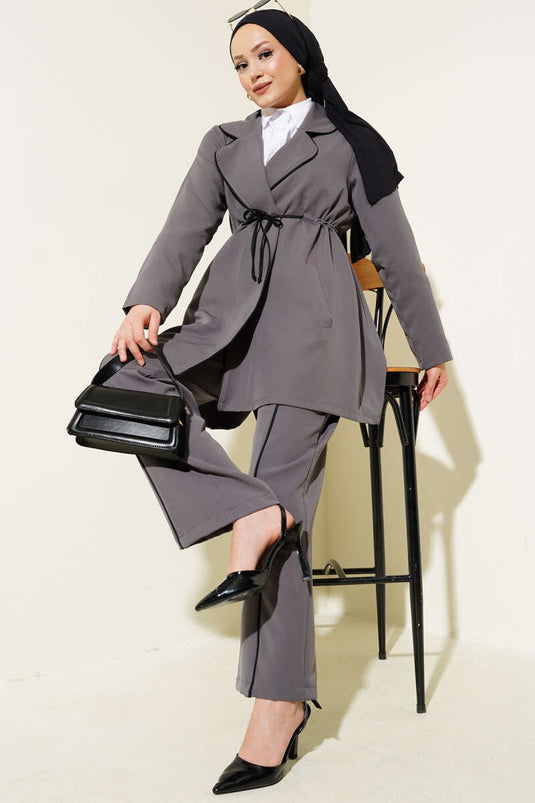 Bel Tünelli Biye Detaylı İkili Takım Füme