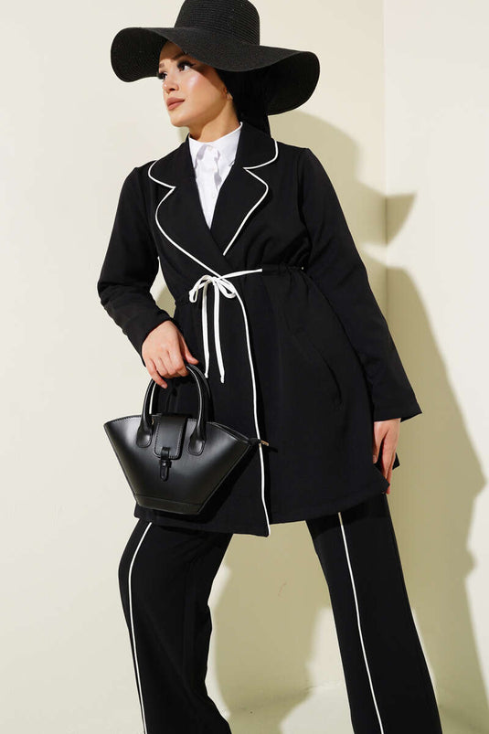 Bel Tünelli Detailed Biye Two-Piece Set Black