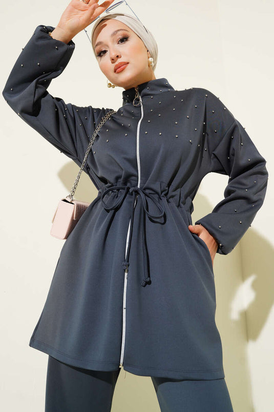 Waist Tunnel Beaded Scuba Two Piece Set Smoke