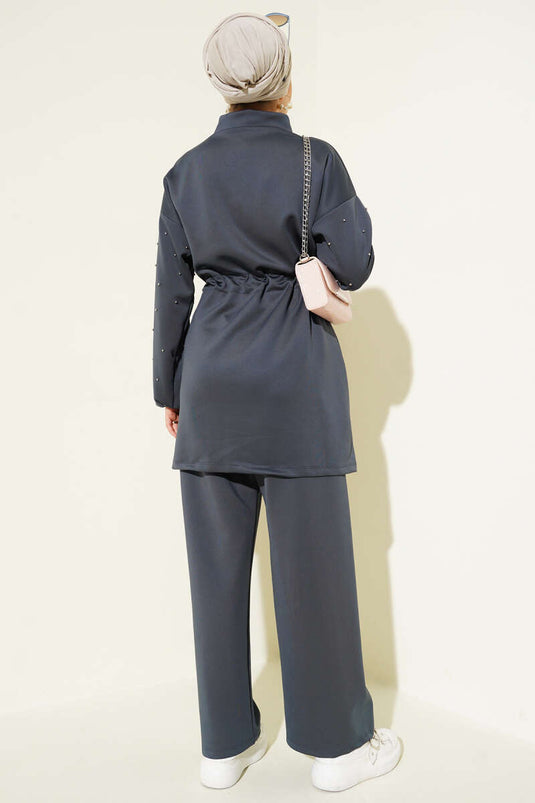 Waist Tunnel Beaded Scuba Two Piece Set Smoke