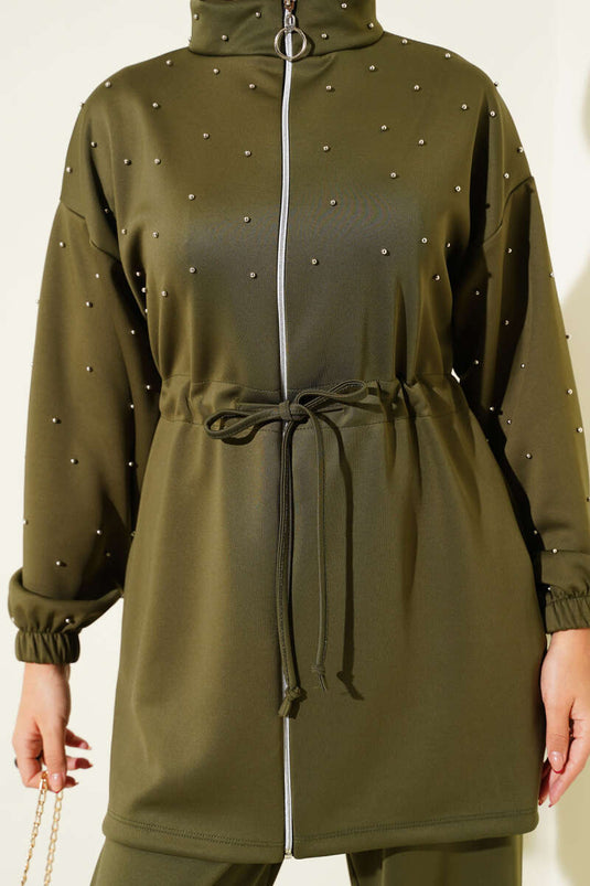 Waist Tunnel Beaded Scuba Two Piece Suit Khaki