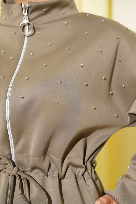 Waist Tunnel Beaded Scuba Two Piece Set Mink