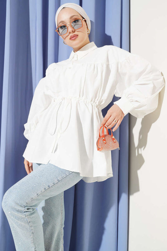 Waist Tunnel Gathered Detail Shirt White