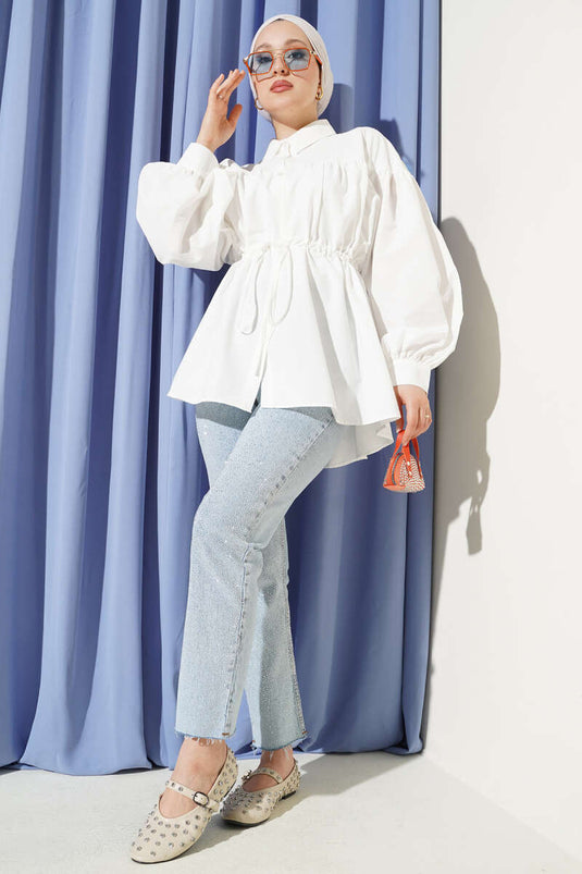 Waist Tunnel Gathered Detail Shirt White