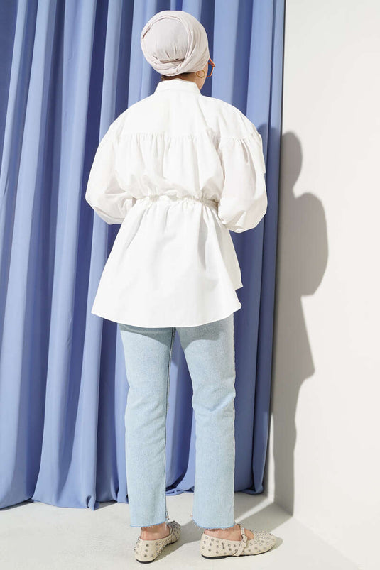 Waist Tunnel Gathered Detail Shirt White