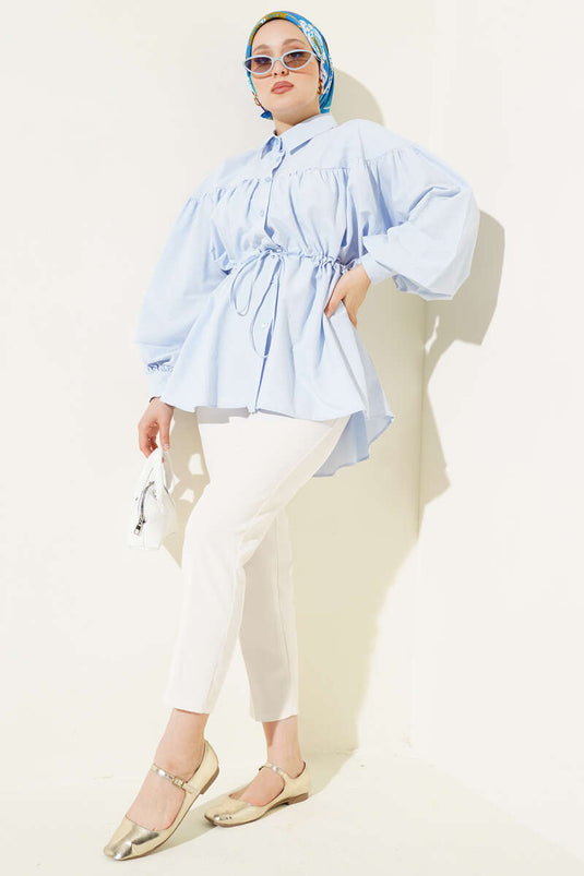 Shirt with Waist Tunnel and Gathered Detail in Ice Blue