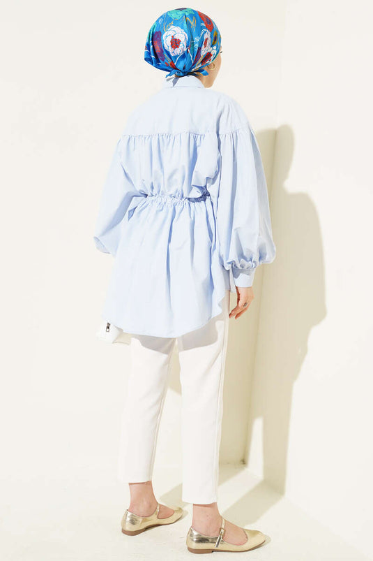 Shirt with Waist Tunnel and Gathered Detail in Ice Blue